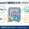 1Passwordで顧問先のe-Tax・銀行・会計ソフト・クラウドのIDを保管庫に集約して守るイメージ図
