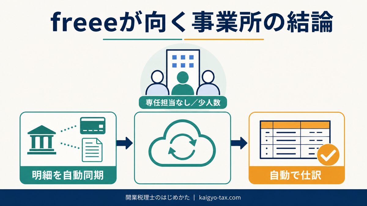 経理担当が少なく自動化メリットが大きい事業所にfreeeが向くことを示す図