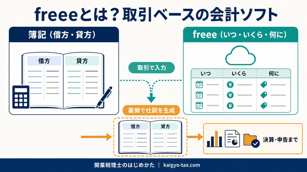 freeeが取引ベースで記帳し裏側で仕訳を生成する仕組みを示す図