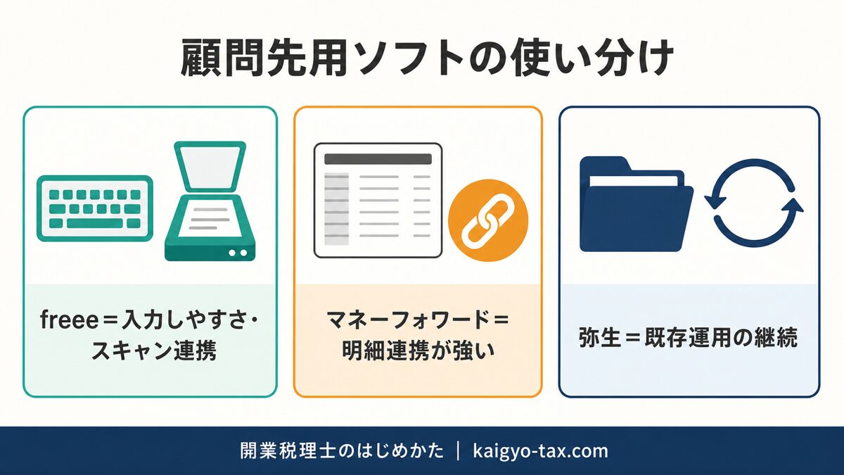 顧問先向け会計ソフト（freee・マネーフォワード・弥生）の使い分けを示した図解。