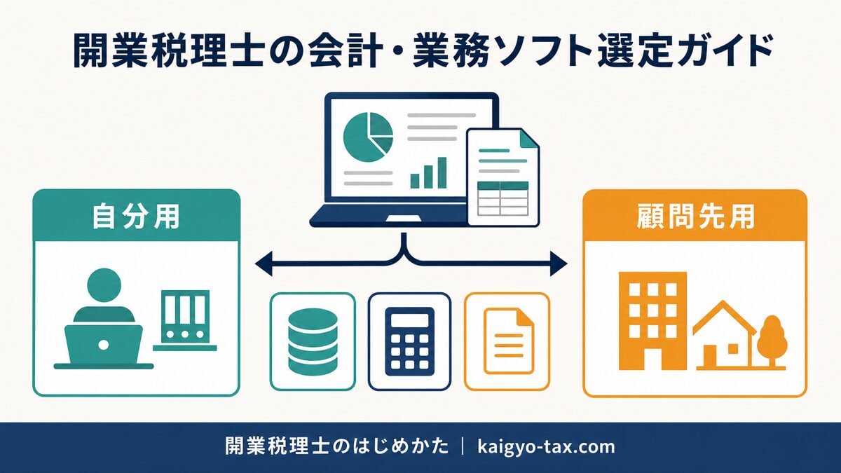 開業税理士の会計・業務ソフト選定ガイドのイメージ図。自分用と顧問先用でソフトを分けて選ぶことを示すインフォグラフィック。