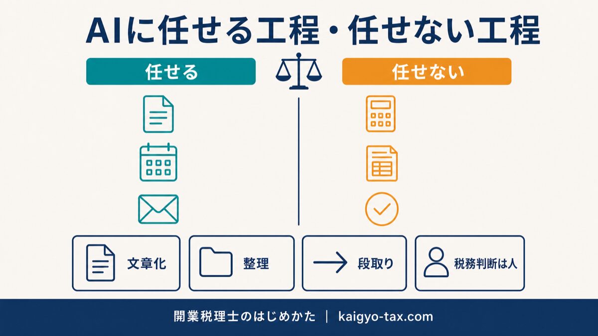 AIに任せる工程と任せない工程を左右に分けた図解。文章化・整理・段取りは任せ、税務判断は人が担うことを示している。