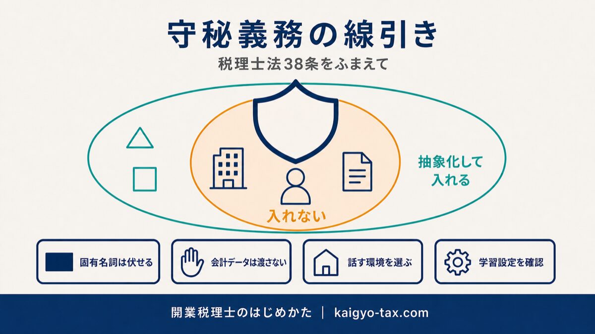 税理士の守秘義務の線引きを示した図解。固有名詞を伏せる、会計データを渡さない、話す環境を選ぶ、学習設定を確認するという4つの運用ルールを表している。
