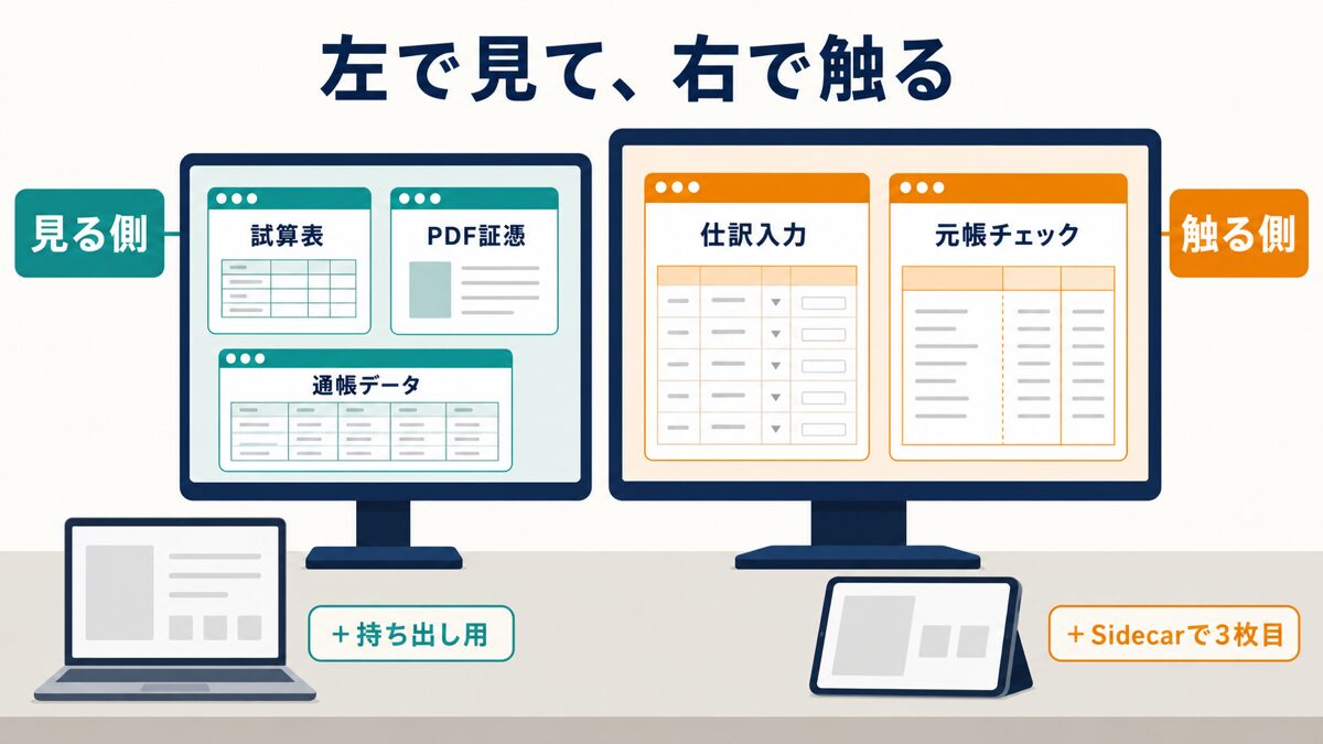 デュアルモニターで左を資料閲覧、右を入力作業に使う役割分担