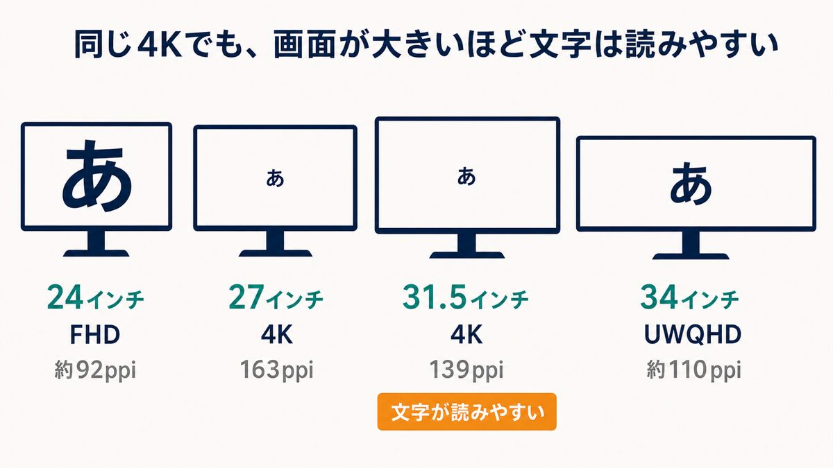 24インチ・27インチ・31.5インチ・34インチモニターのサイズとppi比較