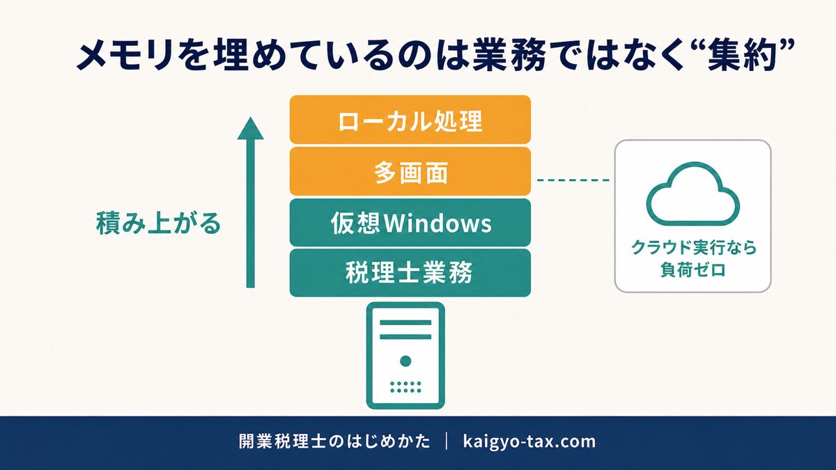 税理士のPCでメモリが積み上がる構造を示す図。税理士業務・仮想Windows・多画面・ローカル処理が1台に集約される一方、クラウドで実行する処理はPCに負荷をかけないことを表す。