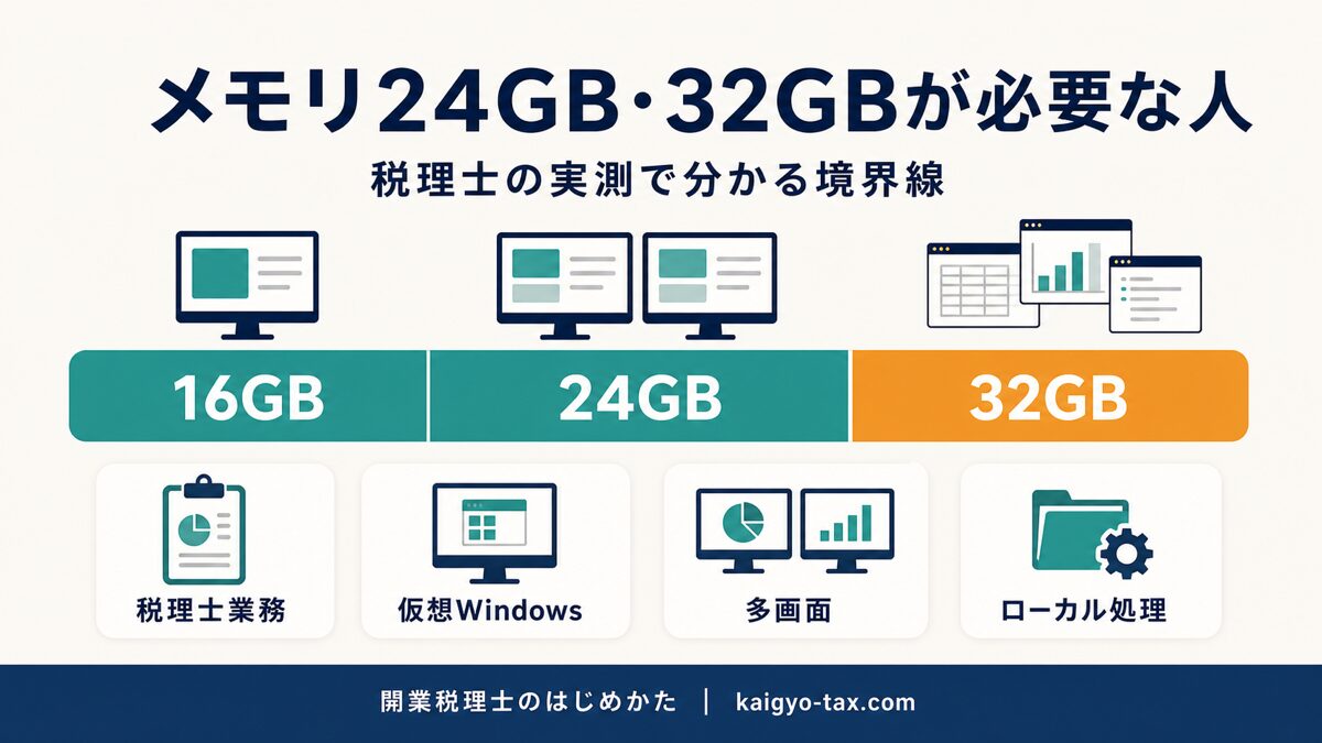 メモリ16GB・24GB・32GBの境界線を示すインフォグラフィック。税理士業務に仮想Windows・多画面・ローカル処理を重ねるほど必要量が増えることを表す。