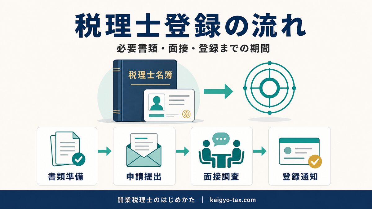 税理士登録の全体像を示すインフォグラフィック。書類準備・申請提出・面接調査・登録通知の流れを表す。