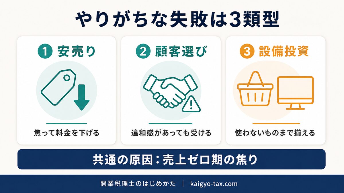 開業税理士がやりがちな失敗の3類型を示す図。安売り・顧客選び・設備投資の共通原因が売上ゼロ期の焦りであることを表す。