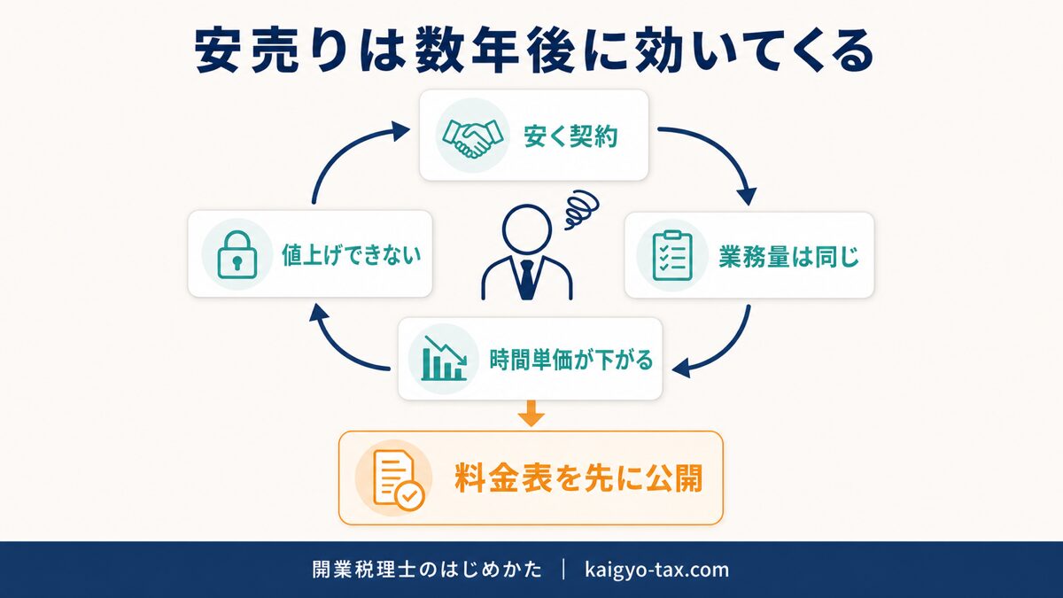 顧問料の安売りが招く悪循環を示す図。安く契約すると時間単価が下がったまま値上げできなくなる流れと、料金表の事前公開という回避策。