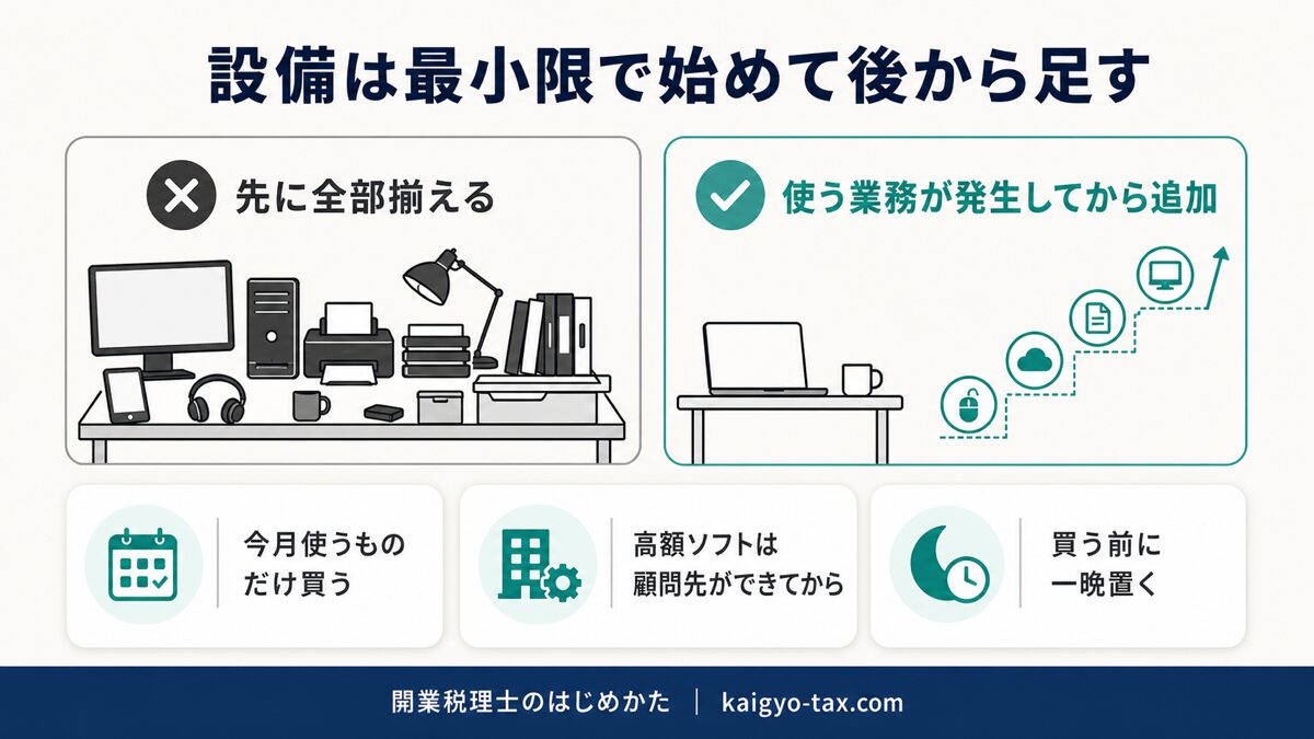 開業時の設備投資の考え方を示す図。先に全部揃えるのではなく、最小限で始めて業務が発生してから追加する対比。