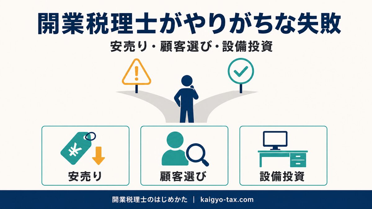 開業税理士がやりがちな失敗を示すインフォグラフィック。安売り・顧客選び・設備投資の3類型を表す。