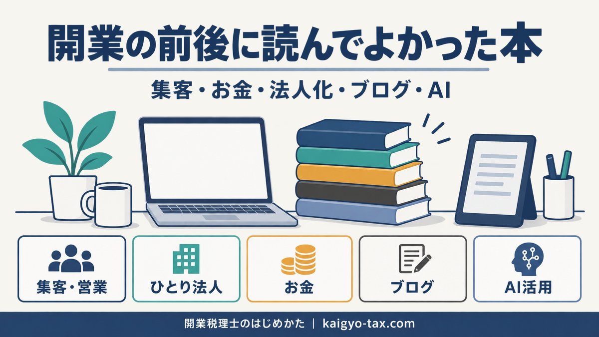 開業税理士が開業の前後に読んでよかった本をジャンル別にまとめたインフォグラフィック。集客・法人化・お金・ブログ・AI活用の5ジャンル。